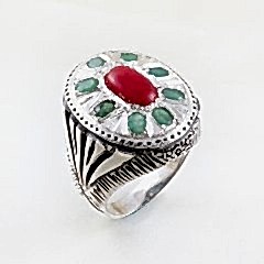 Zümrüt ve Mercan Doğaltaşlı Gümüş Yüzük