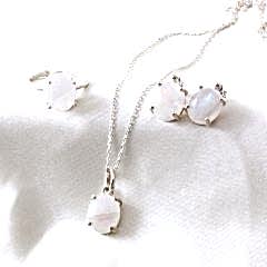 Ay Taşı Doğaltaşlı Minimal Gümüş Set