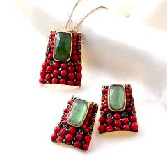 Mercan Ve Serpantin Doğaltaşlı Gümüş Set