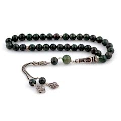 Zümrüt Doğal Taşlı Osmanlı Tuğralı Gümüş Püsküllü Tesbih