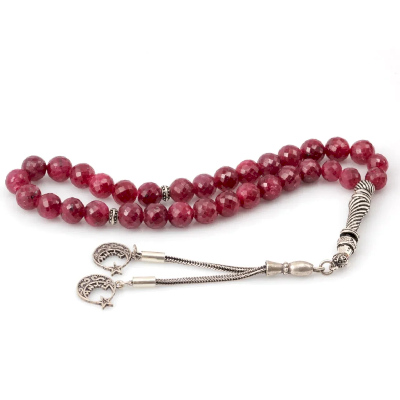 Yakut Doğal Taşlı 925 Ayar Gümüş Ay Yıldız Püsküllü Tesbih