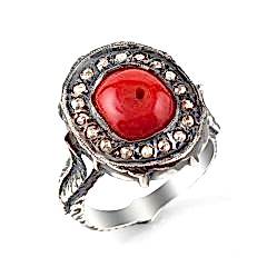 Elmas ve Mercan Doğal Taşlı 925 Ayar Gümüş Erkek Yüzük